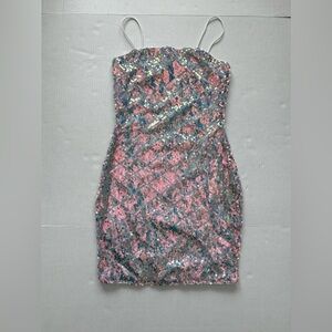 Sequin Party Dress Mini Bright Sparkly Straps‎ Stretchy Lined Women’s XS NWOT